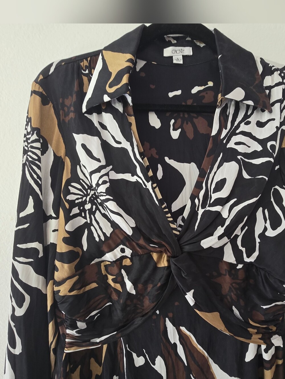 Vintage Silk Black White Brown Twist-Front Women’s Blouse
